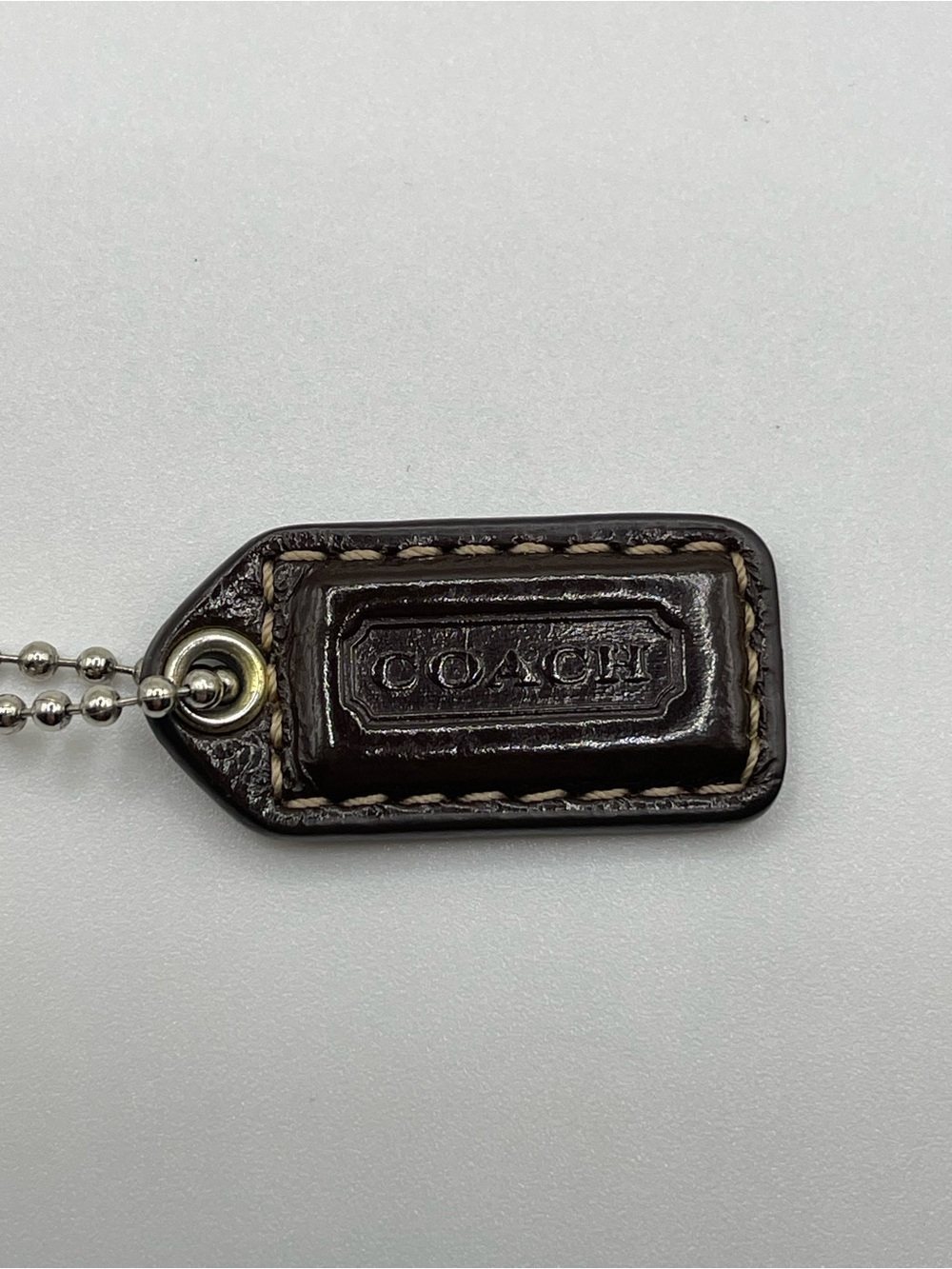 Coach Dark Brown Leather Hang  Tag with Metal Ball Chain